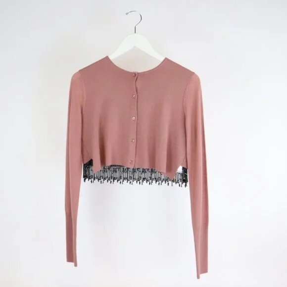 Dorothee Schumacher Mauve Cropped Bead Fringe Cardigan - Picture 1 of 5